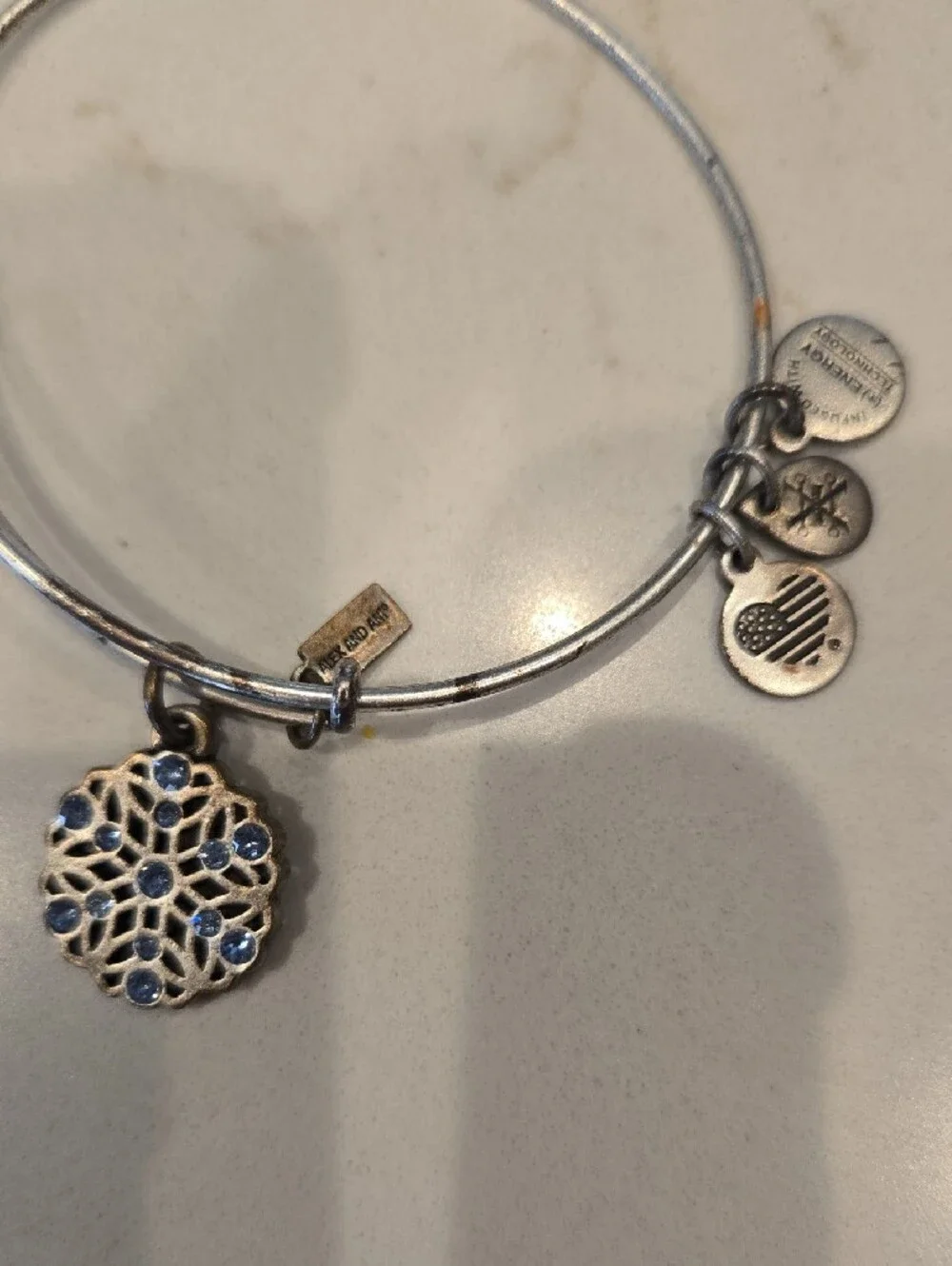 Alex and Ani Silver Tone Floral Blue Crystal Charm Bracelet